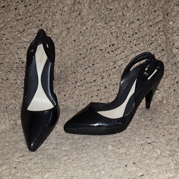 MELISSA-Classic Heel-Stiletto Cut Out Slingback-Black Pointed Toe-Sz 9-Near Mint - Picture 1 of 8